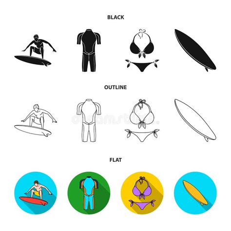 Surfer Wetsuit Bikini Surfboard Surfing Set Collection Icons In