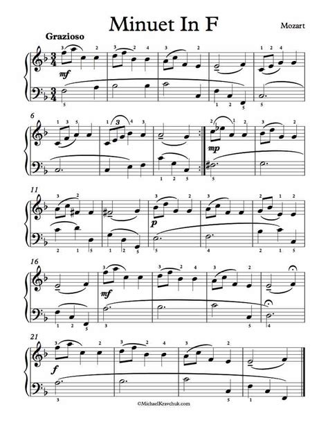 Free Piano Sheet Music Minuet In F Mozart Michael Kravchuk