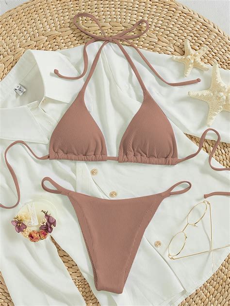 Mocha Brown Sexy Collar Plain Embellished High Stretch Swimming Beach