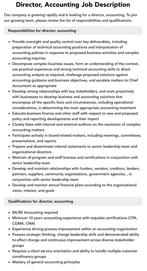 Director Accounting Job Description Velvet Jobs