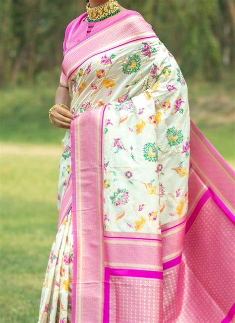 Shop Off White Banarasi Silk Meenakari Zari Woven Saree Festive Wear