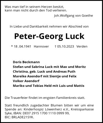 Traueranzeigen von Peter Georg Luck Schwarzwälder Bote Trauer