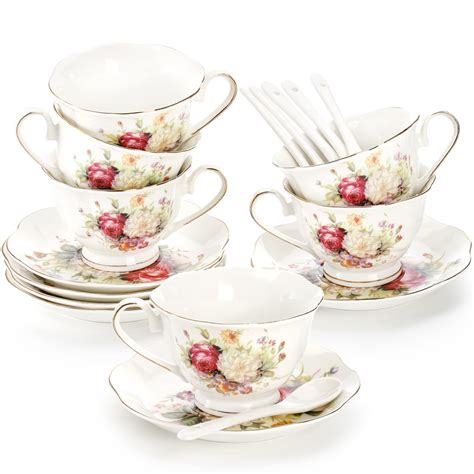 Foraineam Tea Cups and Saucers Set of 6, Floral Tea Cup Set with Gold ...