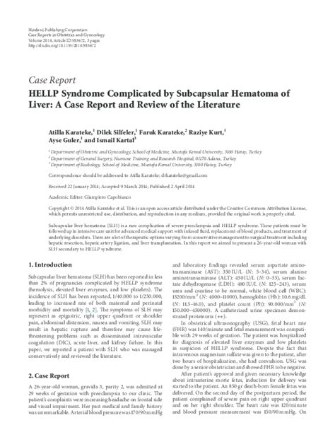 Pdf Hellp Syndrome Complicated By Subcapsular Hematoma Of Liver A Case Report And Review Of