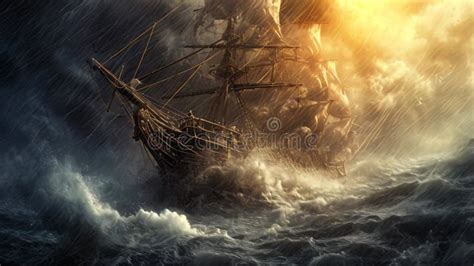 A Ship Bravely Navigating Through Turbulent Waves Amidst A Powerful