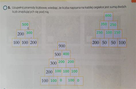 Uzupełnij piramidy liczbowe wiedząc że liczba napisana na każdej