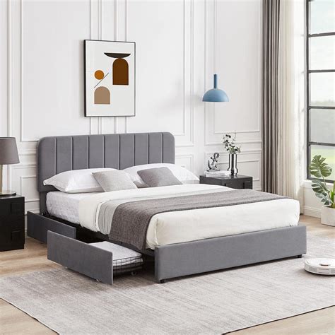 Vecelo Upholstered Queen Size Platform Bed Frame With Storage Drawers