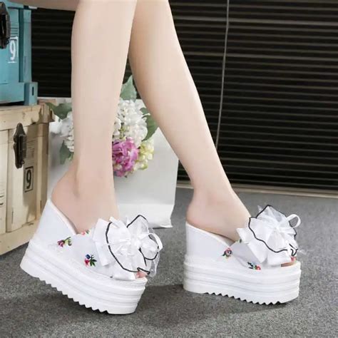 platform high heels wedge slippers women white slipper high wedge