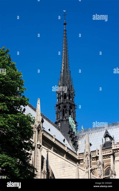 France Paris Ile De La Cite Notre Dame Cathedral The Arrow Dominates The Statues Of Green