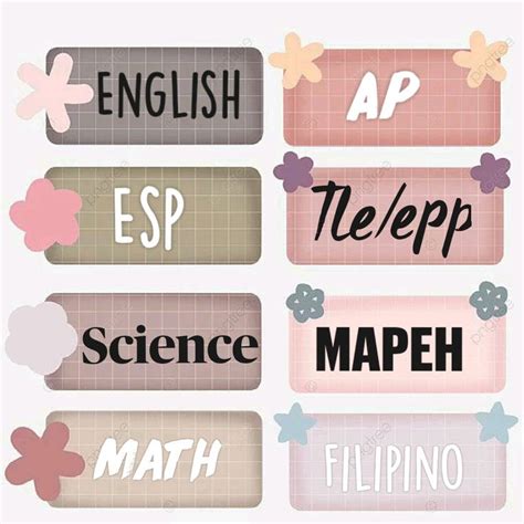 English Esp Science Math Tle/epp AP MAPEH Filipino | Subject labels ...