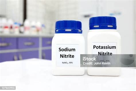 Selective Focus Of A Bottle Of Sodium Nitrite And Potassium Nitrite Preservative Chemical