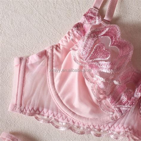 Hot Sexy Under Wired Push Up Women Sexy Lingerie Heart Embroidery Three Pieces Thongs Bra And