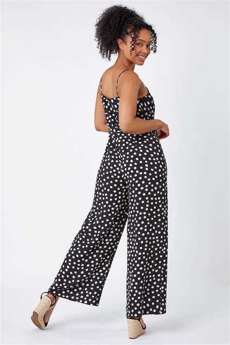 Black Petite Full Length Polka Dot Jumpsuit Roman Uk