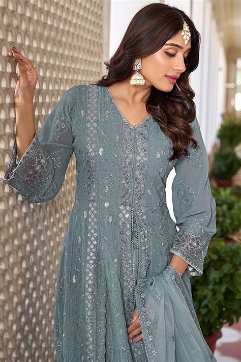 Bluish Grey Georgette Embroidered Front Slit Anarkali Suit LSTV128301