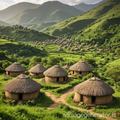 Scenic Shona Village Traditional Round Huts Amidst Lush Green Hills