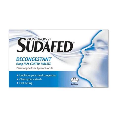 Sudafed Decongestant 60mg Pseudoephedrine Tablets 12 Pack Inish