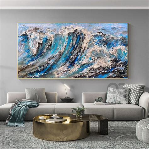 Textured Ocean Wave Wall Art Large Framed Blue Sea Painting Etsy