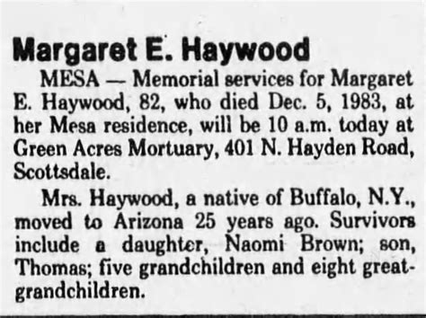 Obituary For Margaret E Haywood Aged 82