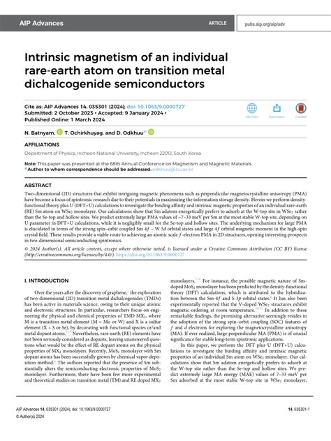 Pdf Intrinsic Magnetism Of An Individual Rare Earth Atom On Transition Metal Dichalcogenide