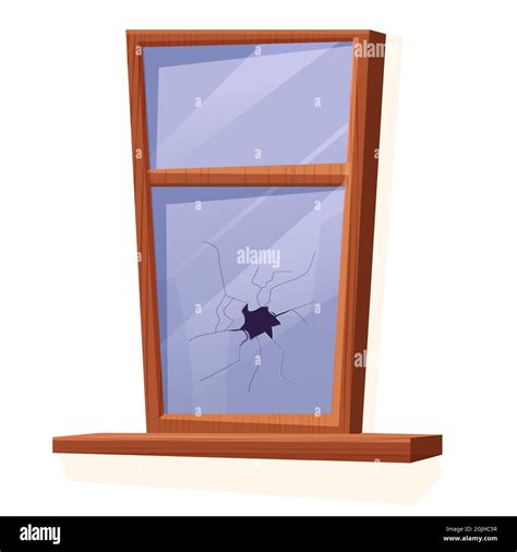 Wooden window with broken, cracked glass in cartoon style isolated on ...