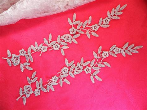 Embroidered Floral Applique Mirror Pair Light Silver Clothing Patch Craft Motif