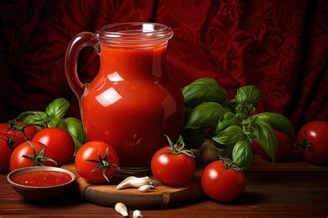 Premium Photo Tomatoes On Red Background Homemade Sauce In A Glass Jar On Wooden Podium