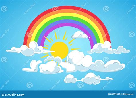 Vectorzon Regenboog En Wolken Blauwe Hemel Vector Illustratie