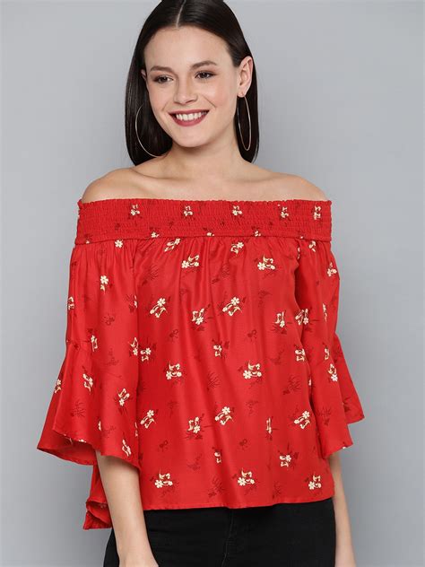 Buy Hereandnow Women Red And White Printed Off Shoulder Top Tops For Women 11046132 Myntra