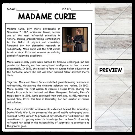 Womens History Month Madame Curie Biography Reading Comprehension