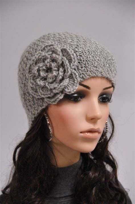 Hand Knit Beanie Wool Hat With Crochet Flower In Grey Ready Etsy