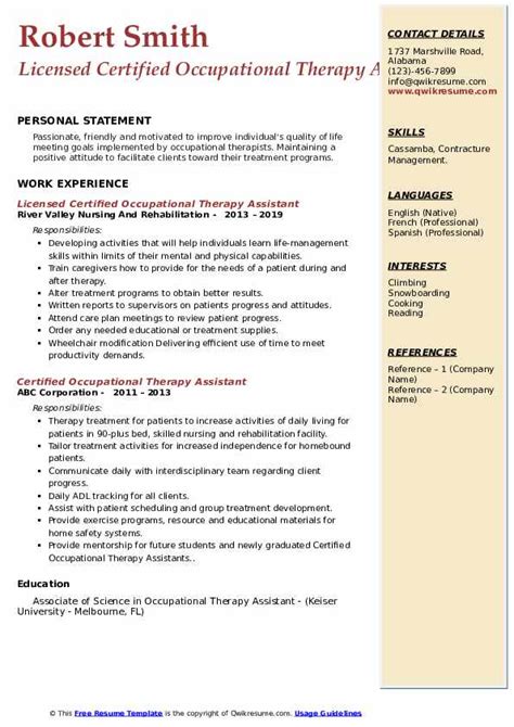 Certified Occupational Therapy Assistant Resume Samples Qwikresume