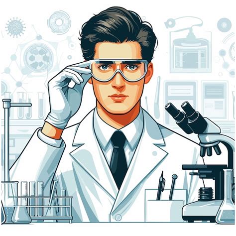 Un dibujo de un hombre con gafas y una bata de laboratorio ilustración