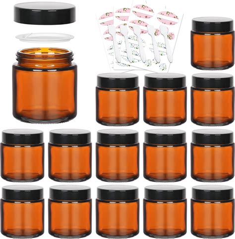 Vivaplex 12 Amber 2 Oz Round Glass Jars With Inner Liners And Black Lids