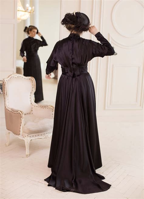 Edwardian Mourning Dress S Black Satin Gown Etsy