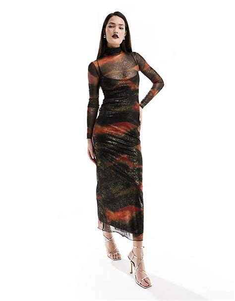 Bershka Hochgeschlossenes Maxikleid Aus Netzstoff Mit Print In