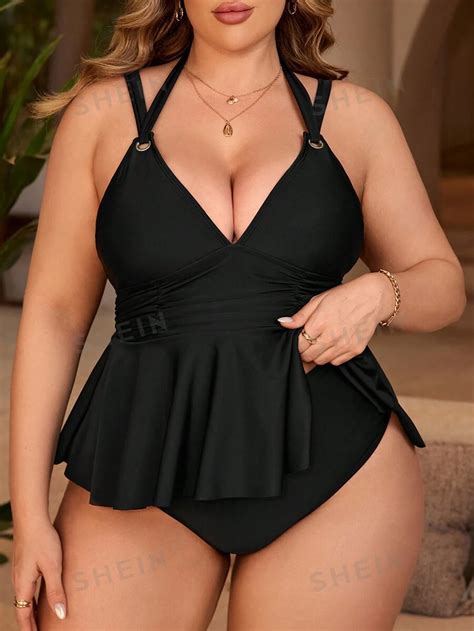 Shein Swim Curve Summer Beach Plus Size Ruffled Bikini Set With Pleated Detail Wedding For Sale