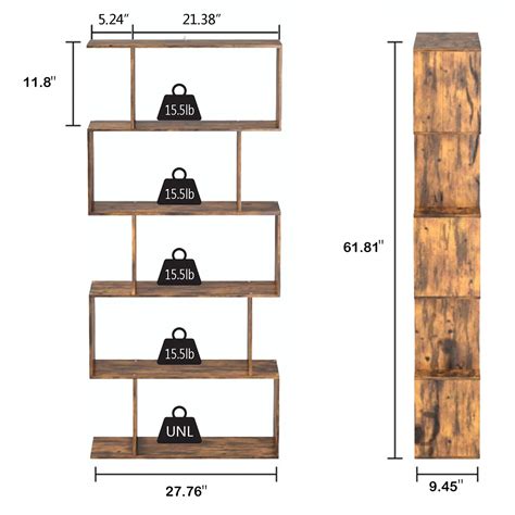 Yusong Bookshelf 5 Tier Geometric Bookcase S Shaped Book Shelves For