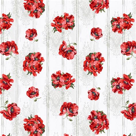 SPECIALTY FABRICS Tossed Red Poppies On Grayish White Background