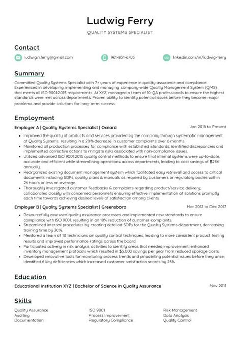 Quality Systems Specialist Resume CV Example And Writing Guide