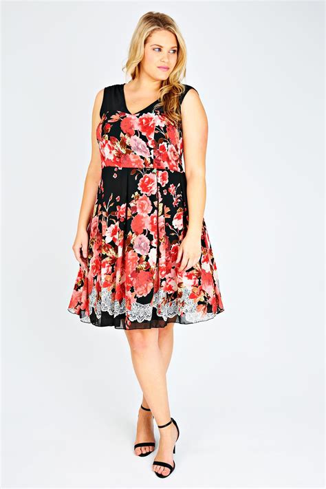 Black And Pink Rose Print Skater Prom Dress With Mesh Panels Plus Size 14 16 18 20 22 24 26 28