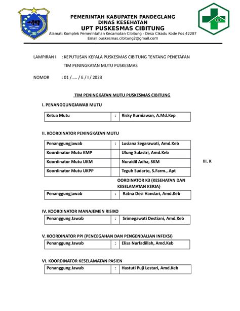 Sk Penetapan Tim Peningkatan Mutu Puskesmas Pemerintah Kabupaten Pandeglang Dinas Kesehatan