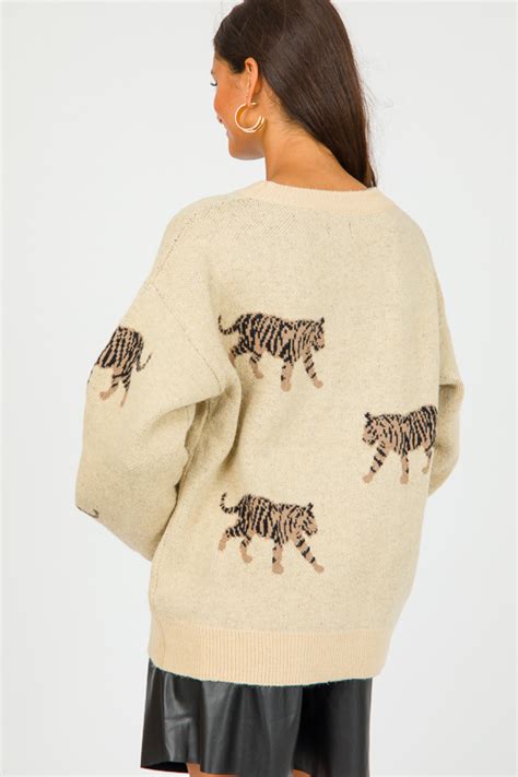 Tiger Sweater Oatmeal Sale The Blue Door Boutique