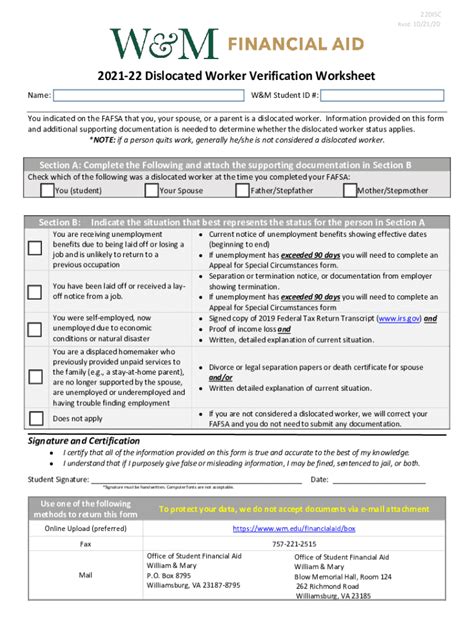 Fillable Online 2021 22 Dislocated Worker Verification Worksheet Fax