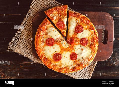 Hot Homemade Pepperoni Pizza Ready To Eat Natural Light Stock Photo