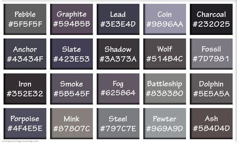 Shades of Gray & Names with HEX, RGB Color Codes