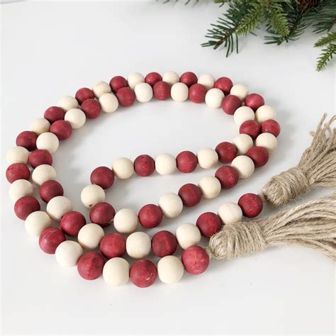 Red And White Wood Bead Garland Christmas Bead Garland With Etsy