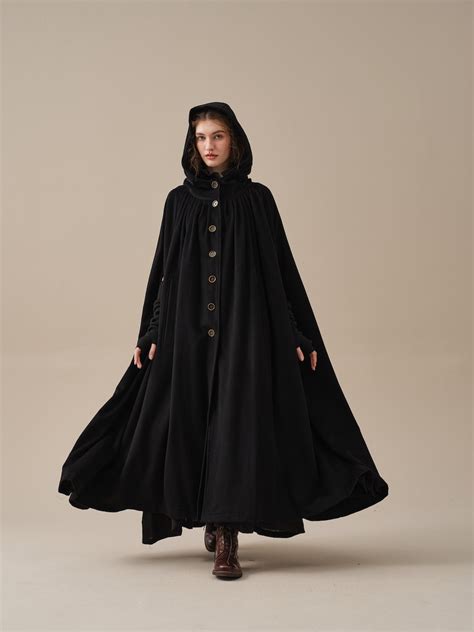 Hooded Wool Cloak Coat In Black Maxi Hooded Wool Cloak Renaissance Cloak Witch Cloak Full