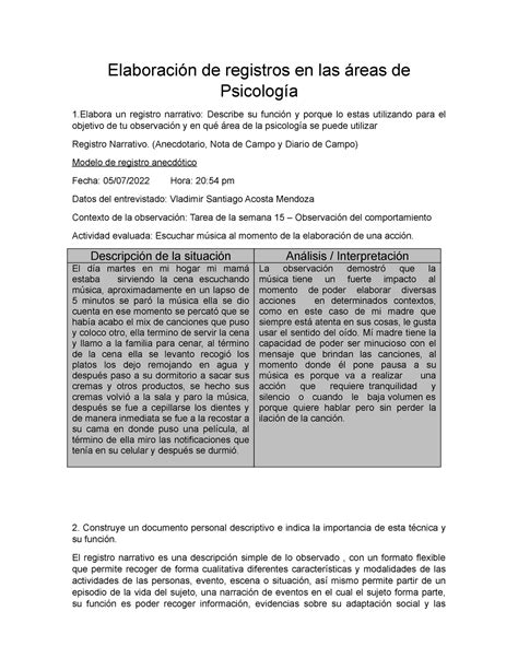 Elaboraci N De Registros En Las Reas De Psicolog A Observacion