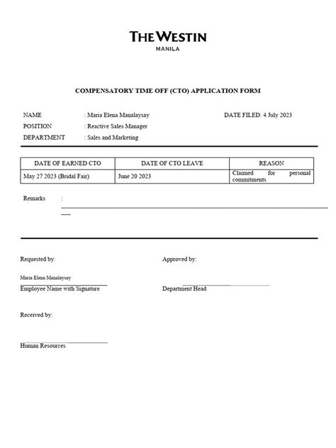 Compensatory Time Off Application Form Pdf