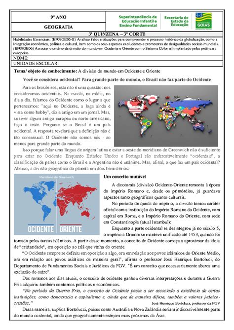 Atividades Sobre Oriente E Ocidente 9 Ano Com Gabarito
